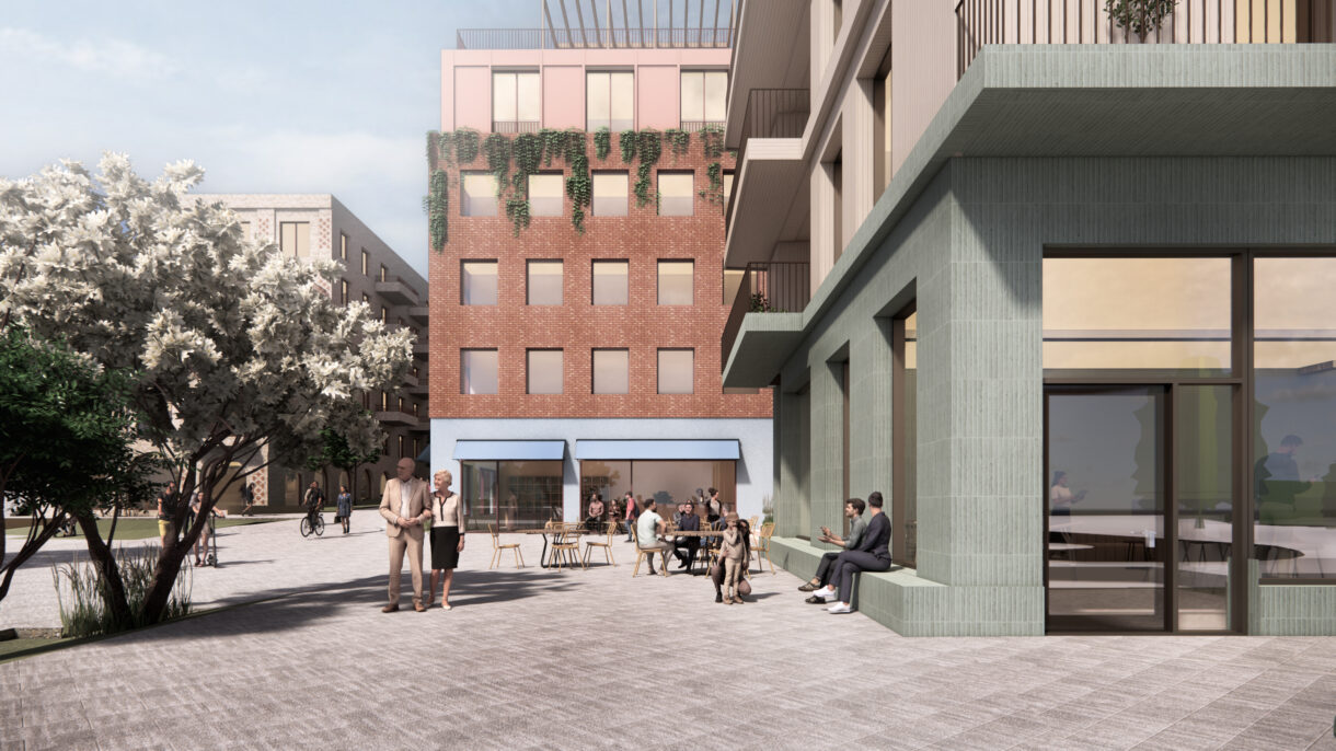 Rendering som viser uteplass, cafebord og mennesker.