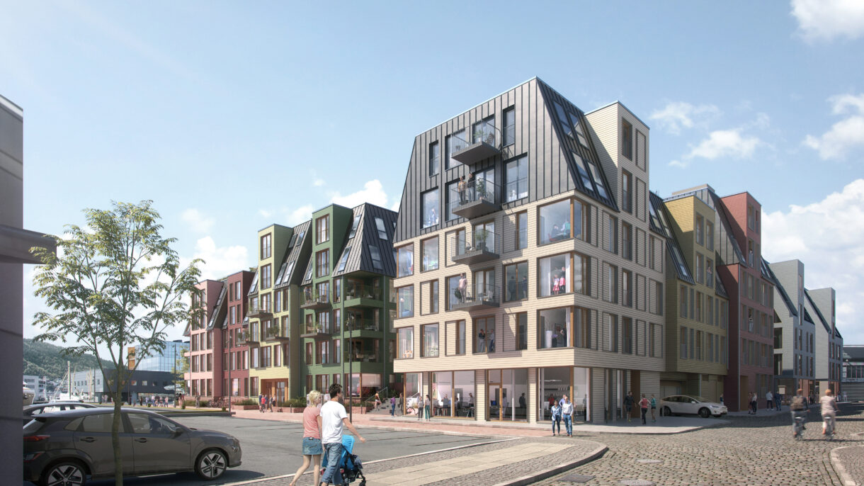 Boligblokker og gateliv.