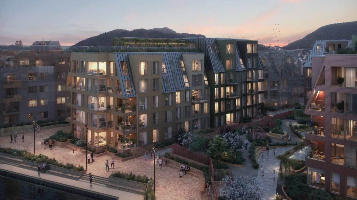 Boligprosjekt ved sjøen. Sett fra luften.