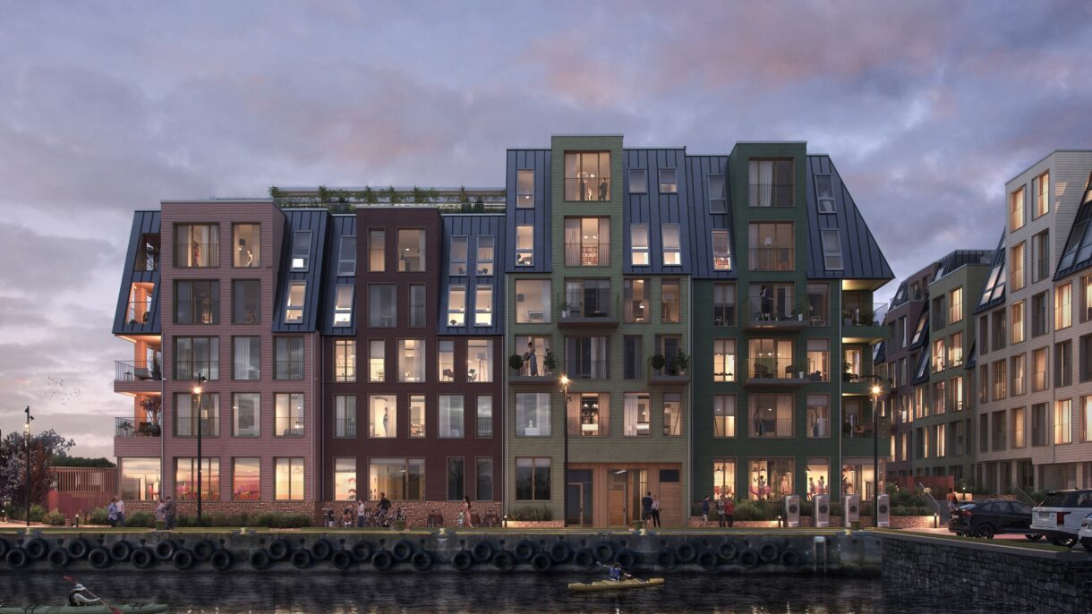 Boligprosjekt på bryggekanten. Kveldsbilde.