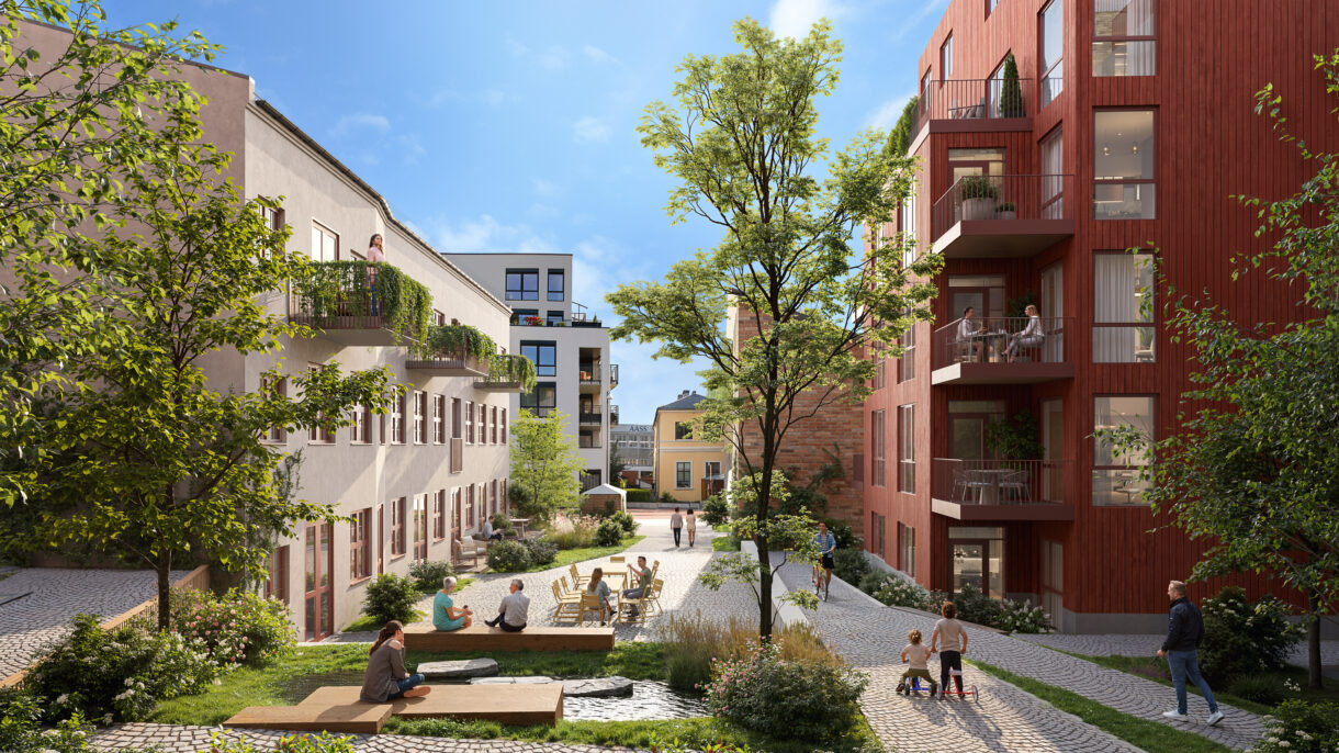 Rendering som viser planlagt bakgård i boligprosjektet Kvartal B62 i Drammen.
