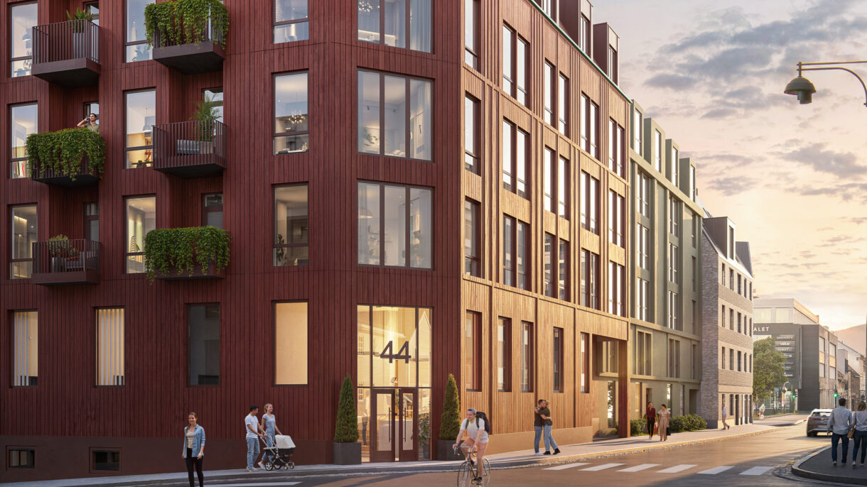 Rendering som viser planlagt situasjon i boligprosjektet Kvartal B62 i Drammen. Utsikt sett fra Engene.