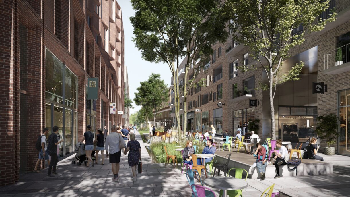 Rendering og vibrant shopping street with trees, cafes and people