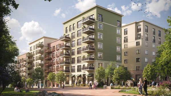 Rendering av boligblokker slik de planlegges i prosjektet Stovner Torg