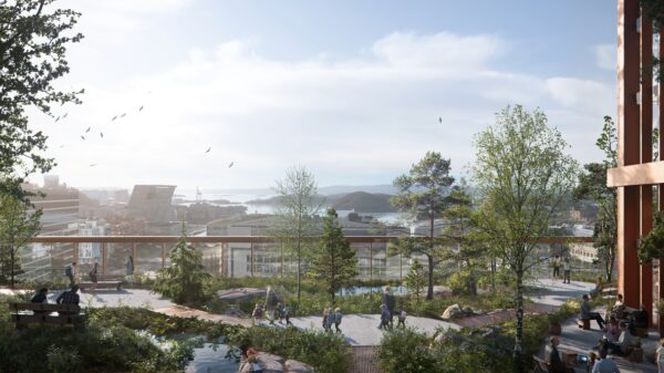 Under omvisningen blir det også besøk på taket, som per i dag er betydelig gråere enn på denne illustrasjonen. Ill.: Nordic - Office of Architecture/C.F. Møller/Rodeo arkitekter