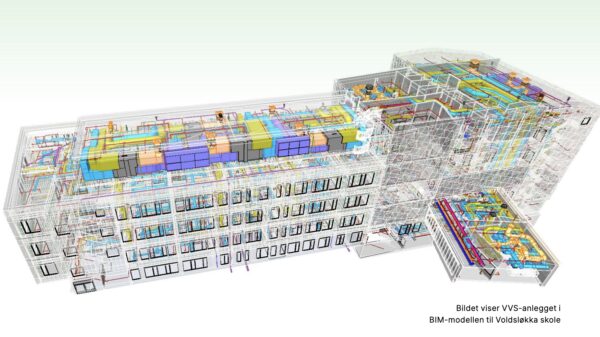 Bildet viser VVS-anlegget i BIM-modellen til Voldsløkka skole