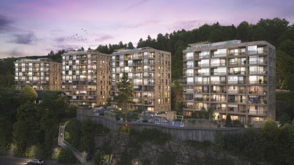 Fyrstikkbakken 14 er et boligprosjekt med i alt fire boligbygg i massivtre og 160 selveier- og borettslagsleiligheter som skal stå ferdig til innflytting i 2024. Ill.: Link Arkitektur AS
