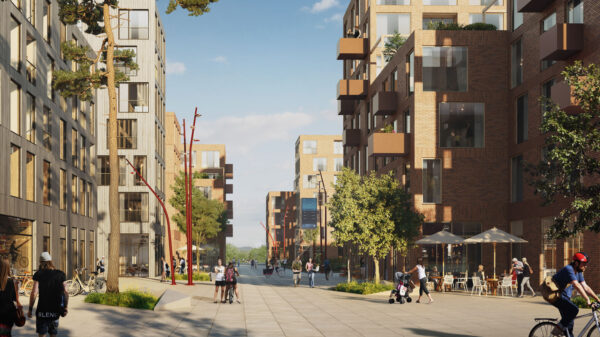 Nansenløkka på Fornebu planlegges bilfritt i dagen (kun nyttetransport, flytting og brannbil) og det etableres tre sykkelparkeringsplasser per bolig. Utbygger: OBOS Fornebu. Arkitekt: Dyrvik Arkitekter AS, Transborder Studio AS