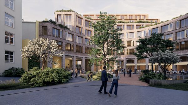 Nytt forslag for Kommandant T.I Øgrims plass med åpne bylivsfunksjoner på gateplan og en fasade som definerer byrommet. Ill.: Atelier Oslo