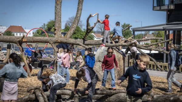 Mange lekende barn på åpningen av naturlekeplassen Neptunparken på åpningsdagen. Foto: Alessandra Langum / Bjørbekk & Lindheim