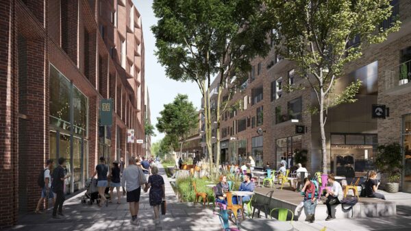 Lilleakerbyen blir en levende og grønn bydel med bilfrie gater og gateliv preget av kultur, handel, aktiviteter og gode steder for opphold. Ill.: A-lab OG LPO